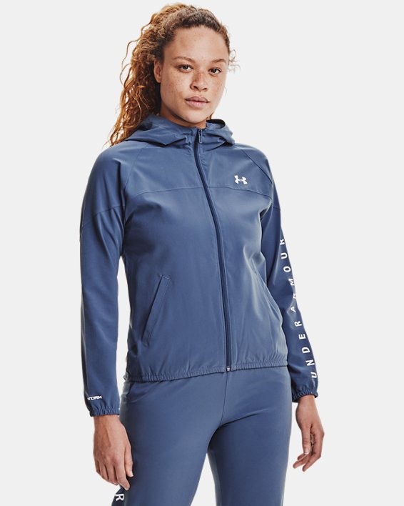 Women's UA Woven Branded Full Zip Hoodie in Blue image number 0